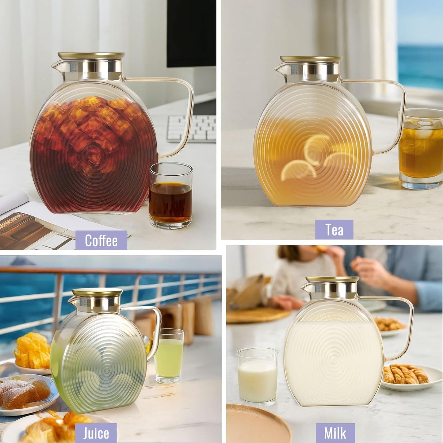 Glass Pitcher With Lid, 2.0 Liter 68 oz Glass Water Pitcher For Fridge, 0.53 Gallon Pitchers With Handle And Lid, Tea Jug Carafe Jar For Hot/Iced Water Milk Juice Coffee Fruit