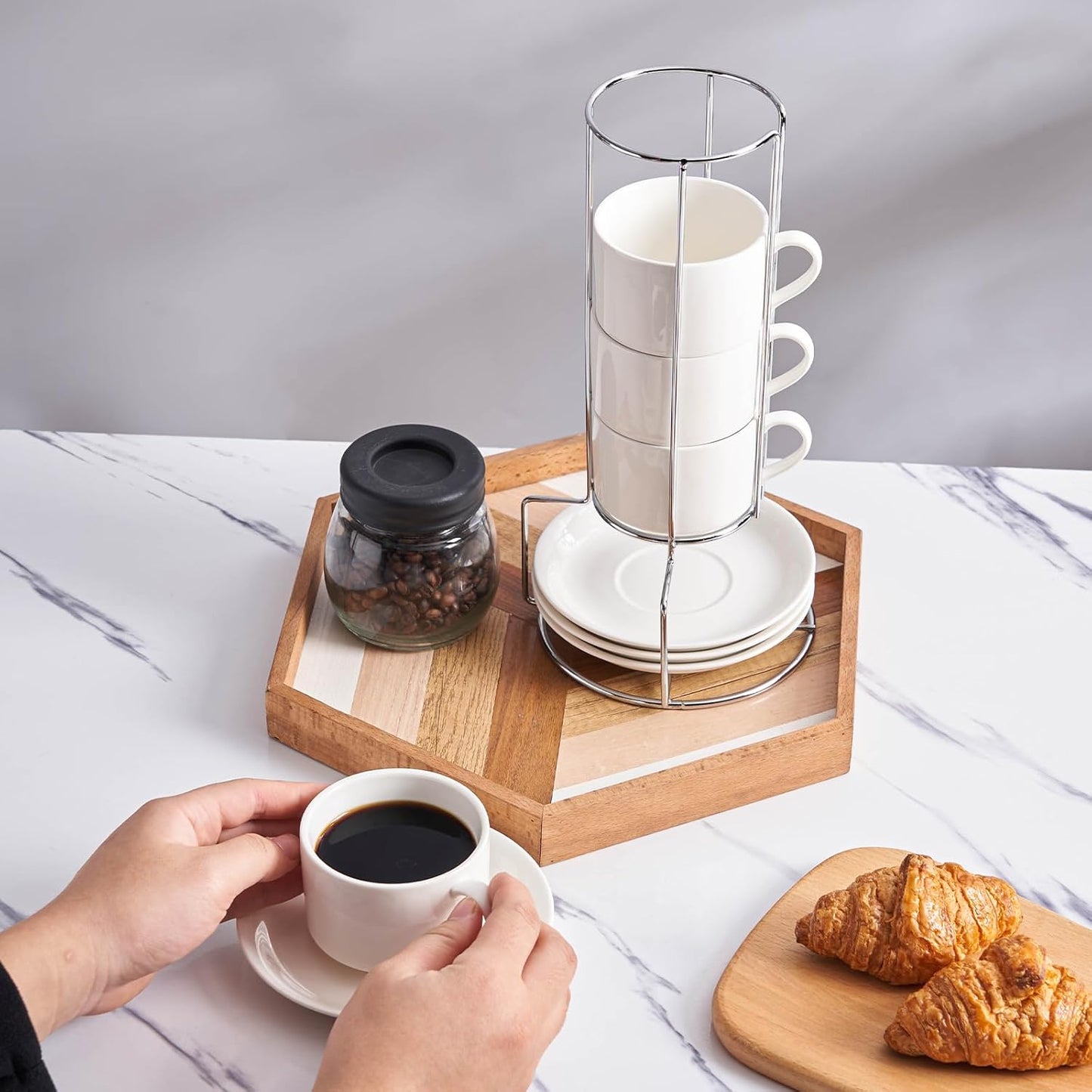 8 Ounce Porcelain Cappuccino Cups with Saucers and Silver Stand, White Cups Set of 4