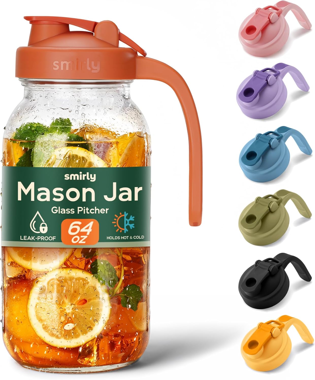 SMIRLY 64 oz Mason Jar Pitcher,Glass Pitcher with Wide Mouth,Water Jug with Double Leak Proof Lid for Iced Coffee,Hot Water,Breast Milk