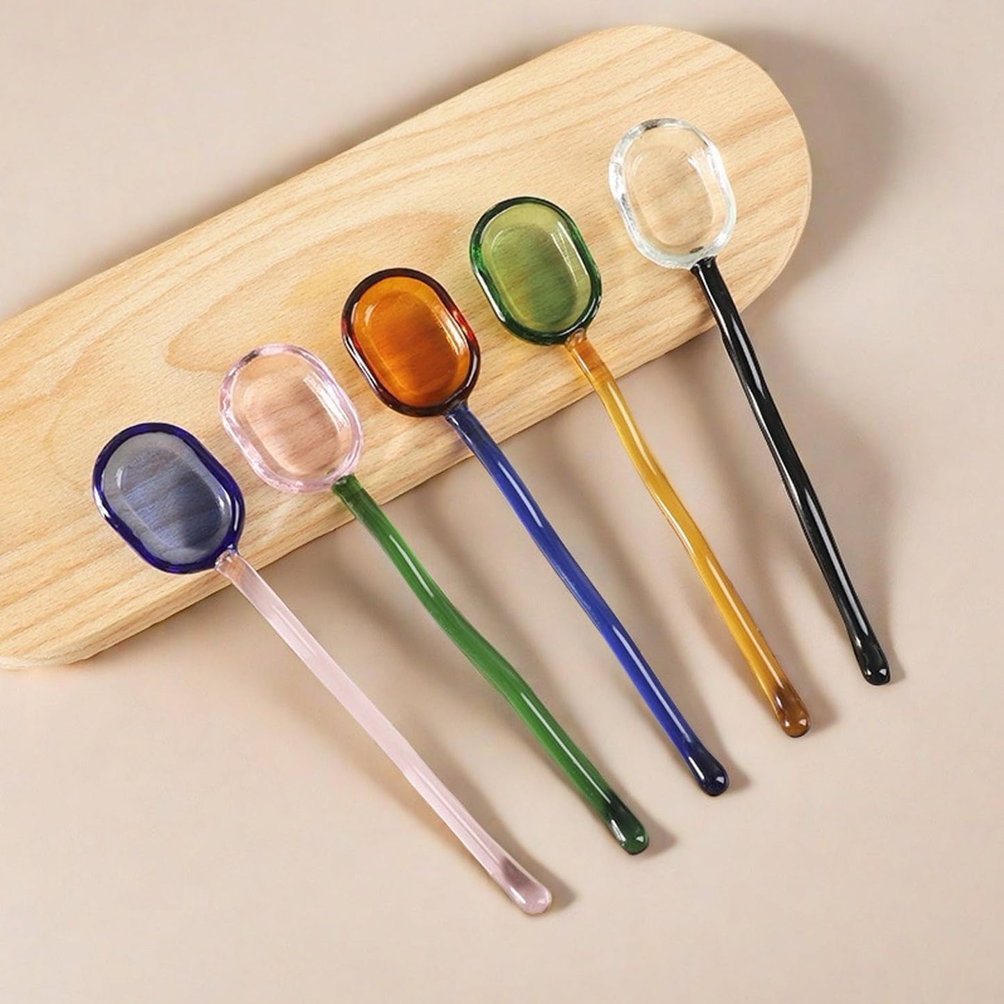 5 Pieces Glass Spoons, Creative Colored Transparent Coffee Milk Glass Dessert Stirring Spoon Curved Handle Tools for Tea Sugar Home Bar Party (Square)