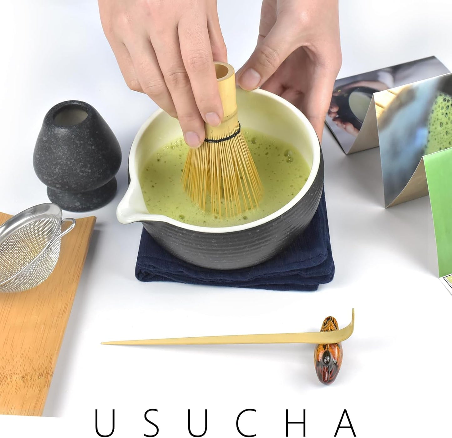 Artcome Bluestone Glaze Matcha Kit for Japanese Tea Ceremony, Bowl with Pouring Spout, Whisk, Tea Scoop, Matcha Powder Strainer, Matcha Tea Set For Making Usucha, Koicha and Matcha Latte (10 PCS)