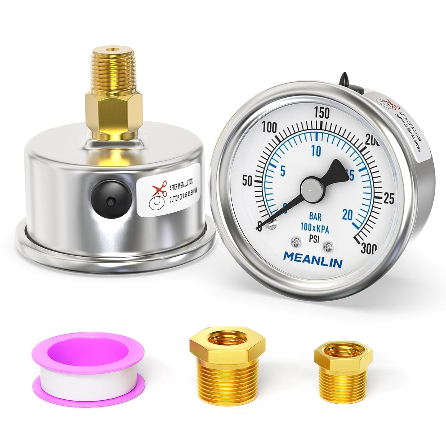 MEANLIN MEASURE 0~300Psi Dry Pressure Gauge Stainless Steel 1/4" NPT 2" FACE DIAL Waterproof for Air Compressor Air Regulator Water Filter Center Back Mount, with 1/2" NPT and 3/8" NPT Hex Bushing