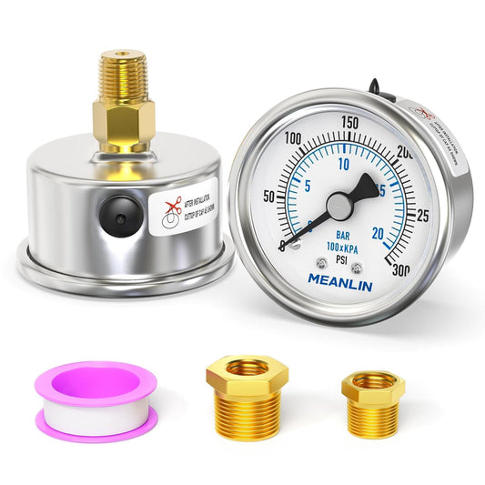 MEANLIN MEASURE 0~300Psi Dry Pressure Gauge Stainless Steel 1/4" NPT 2" FACE DIAL Waterproof for Air Compressor Air Regulator Water Filter Center Back Mount, with 1/2" NPT and 3/8" NPT Hex Bushing