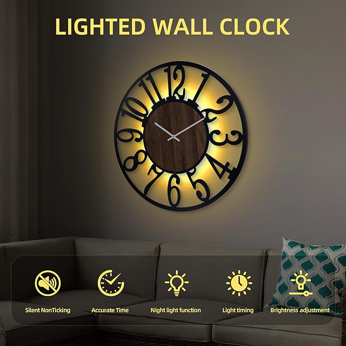 LEIKE Large Wall Clock 30'' Lighted Rustic Wood Clock - Image 4