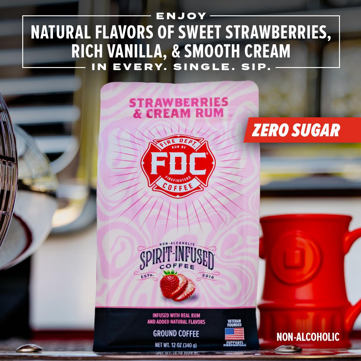 Fire Department Coffee - Gives Back to Firefighters - Strawberries & Cream Rum Infused Ground Coffee - Medium Roast - Non-Alcoholic - Roasted in the USA - Veteran Owned - 12 oz