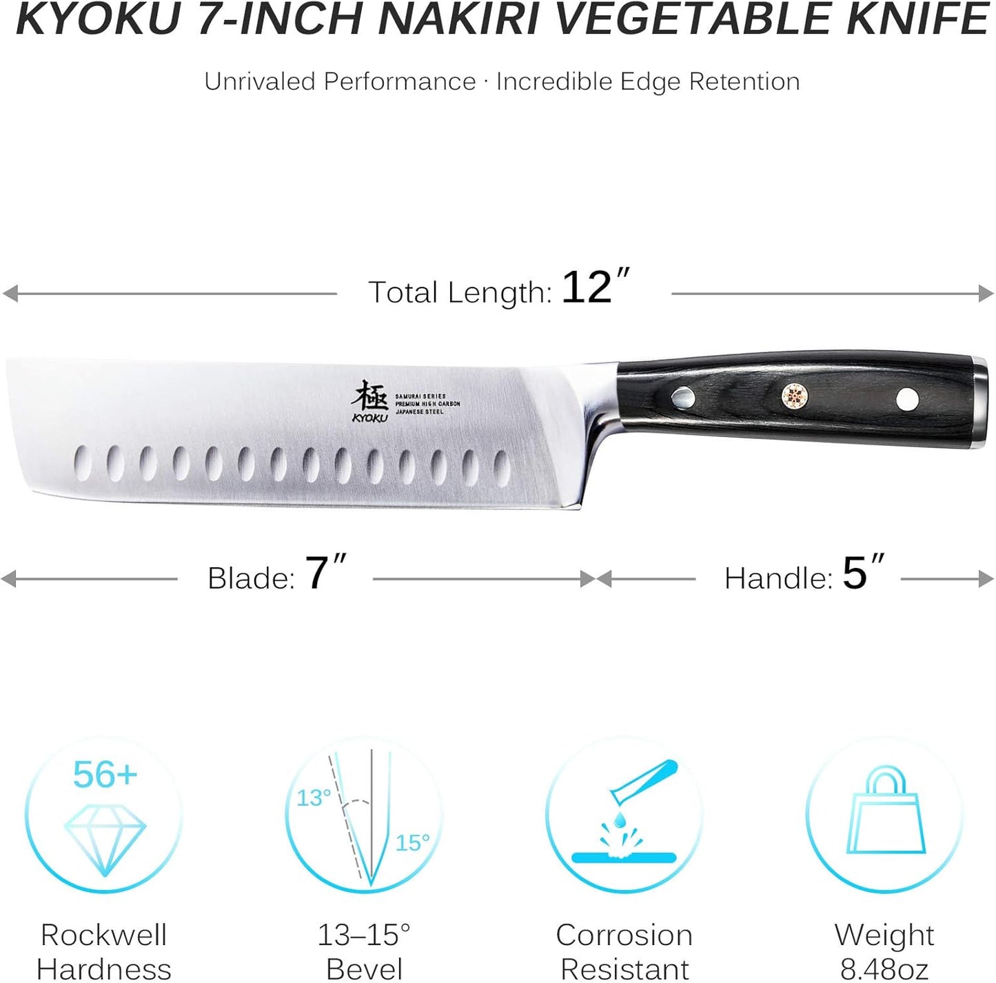 KYOKU Samurai Series - Nakiri Japanese Vegetable Knife 7" - Full Tang - Japanese High Carbon Steel Kitchen Knives - Pakkawood Handle with Mosaic Pin - with Sheath & Case
