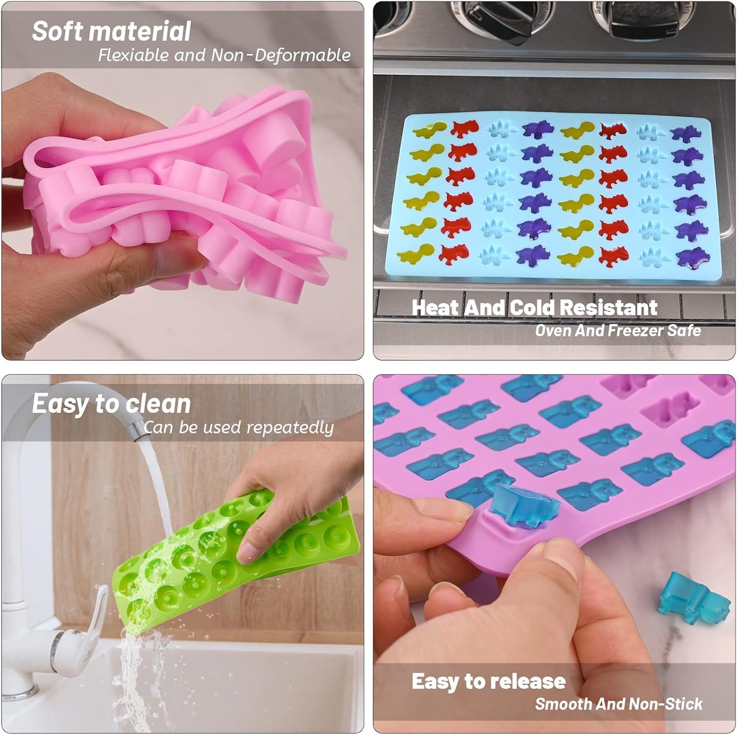 Sakolla Gummy Candy Molds Silicone with 2 Droppers Pack of 4 Mini Silicone Molds Including Dinosaur, Bear Shape, Hearts and Donut Gummie Chocolate Molds for Kids