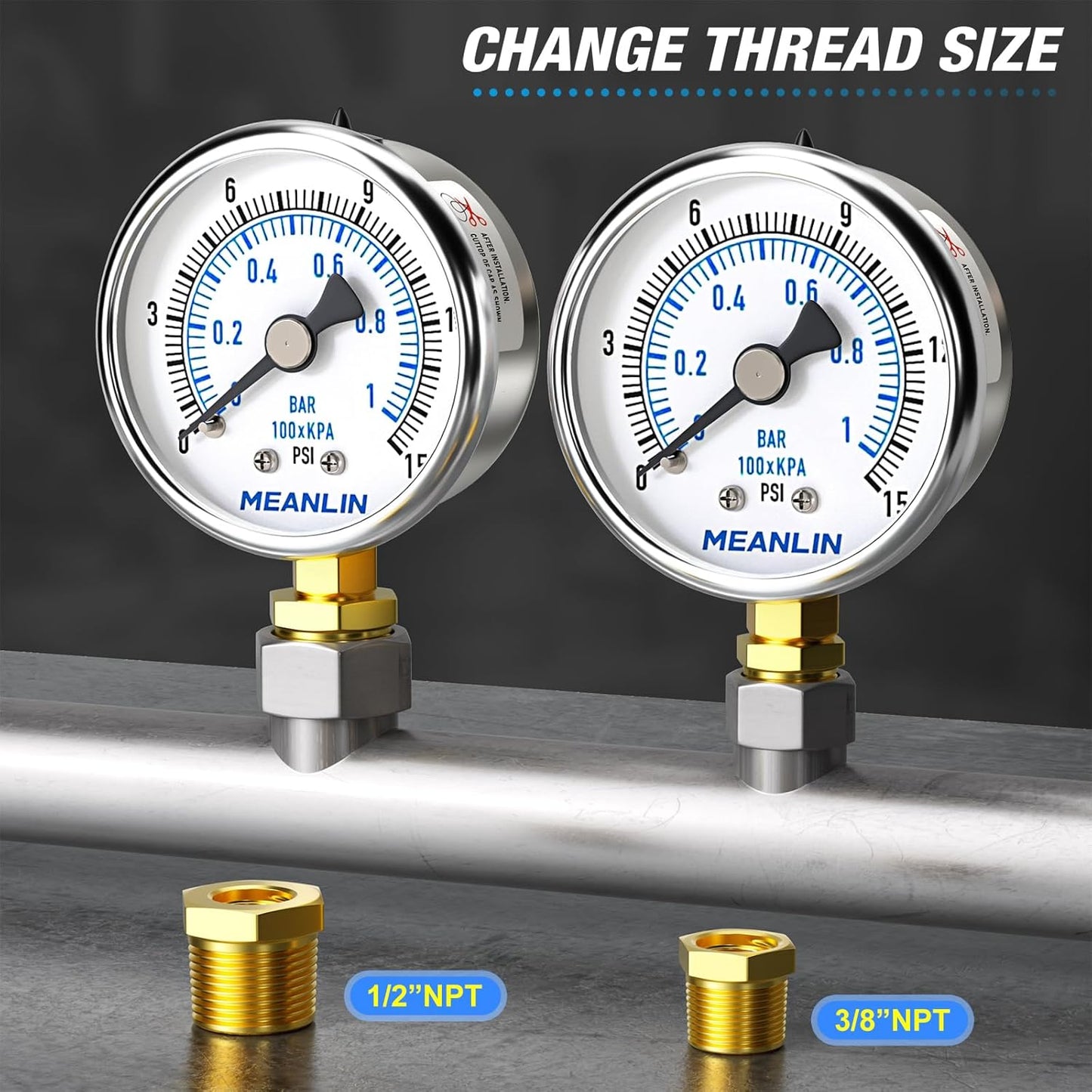MEANLIN MEASURE 0~15Psi Dry Low Pressure Gauge Stainless Steel 1/4" NPT 2" FACE DIAL Waterproof for Water Oil Air Well Pump Tank Tire Pressure Test Lower Mount, with 1/2" NPT and 3/8" NPT Hex Bushing