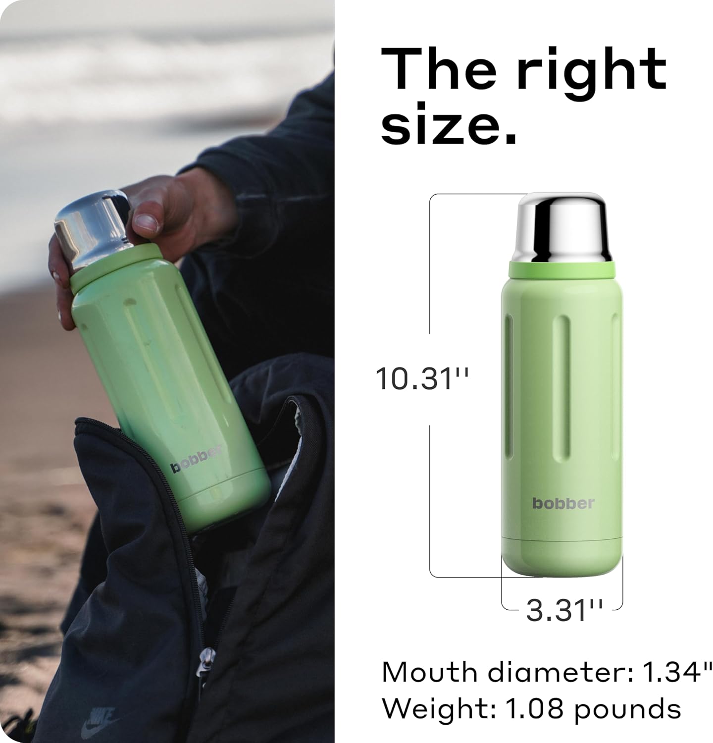 BOBBER 26 oz Thermal Bottle for Hot and Cold Drinks – Stainless Steel Insulated Water Bottle with Screw Top, Keeps Hot for 36 Hours – BPA-Free, Dishwasher Safe Thermo Flask (Green)