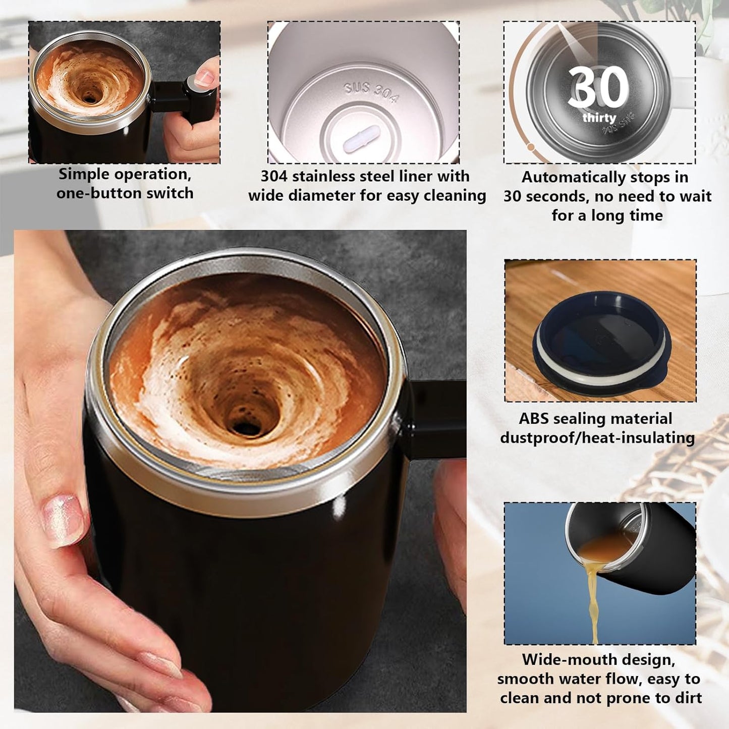 Rechargeable Magnetic Self Stirring Coffee Mug,14oz Stainless Steel Self Stirring Mug,USB Magnetic Charging Self Stirring Cup for Coffee,Tea,Milk,Cocoa–Ideal for Office, Kitchen, Travel, and Gifts