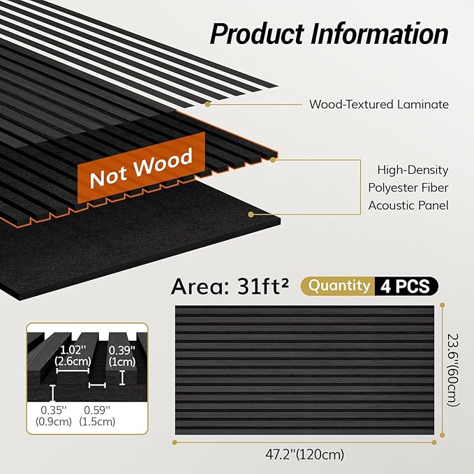TONOR 4-Pack Acoustic Wood Veneer Wall Panels, 47.2” * 23.6” * 0.74” 3D - Image 2