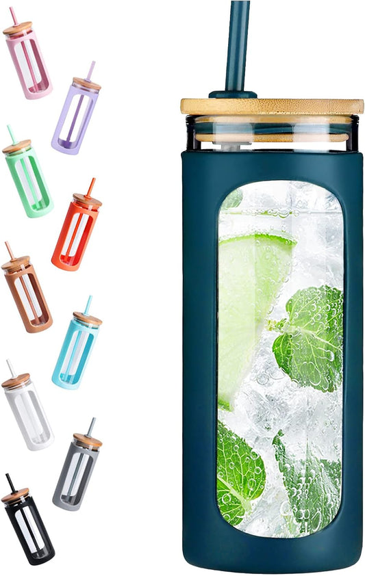 Kodrine 20oz Glass Tumbler with Straw and Lid, Iced Coffee Cups with Bamboo Lids, Glass Cups for Cold Drinks, Smoothie Cup with Silicone Sleeve for Travel, Work, BPA FREE-RoyalBlue