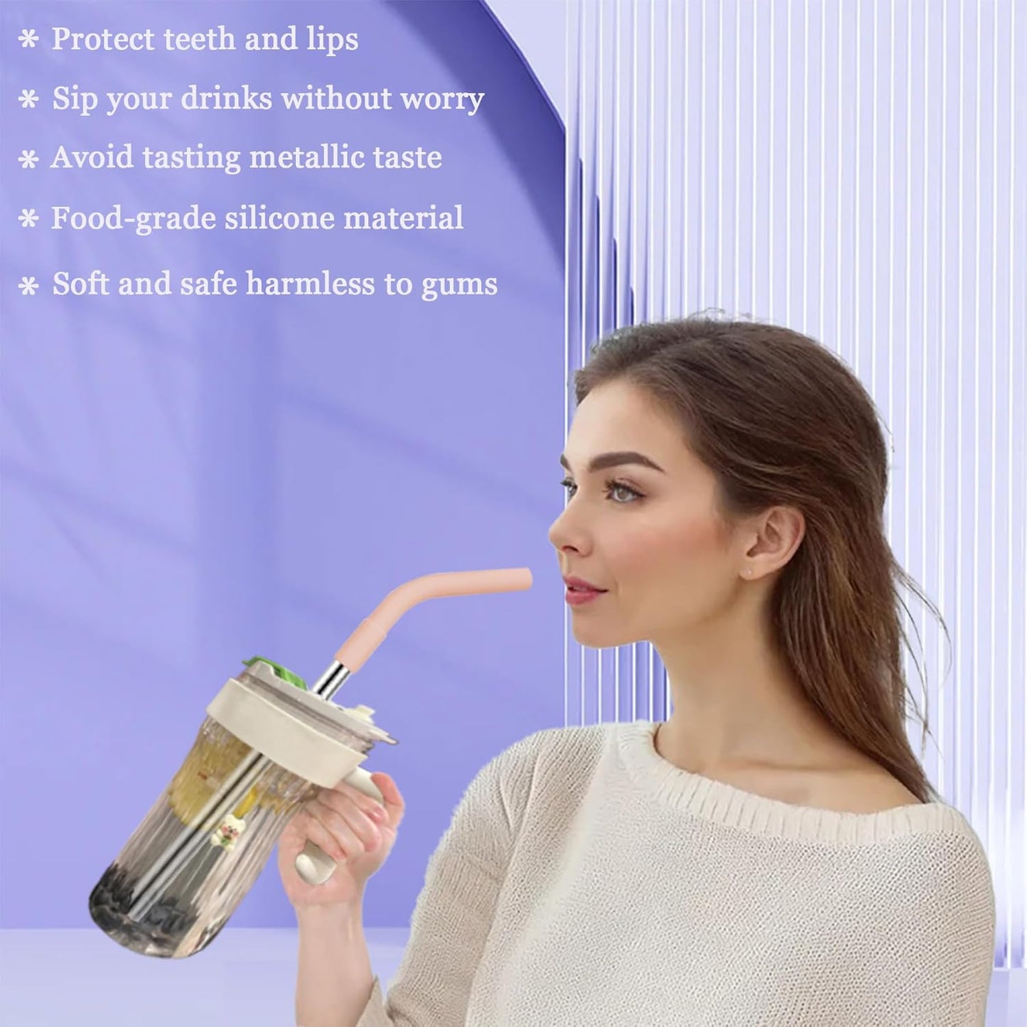 6 Pcs Reusable Silicone Straw Tips with 6 Pcs Clear Plastic Straws Compatible with Stanley 40/30 oz Cup Tumbler 8mm Drinking Long Straws with Flex Elbow Silicone Covers, 1 Cleaning Brush