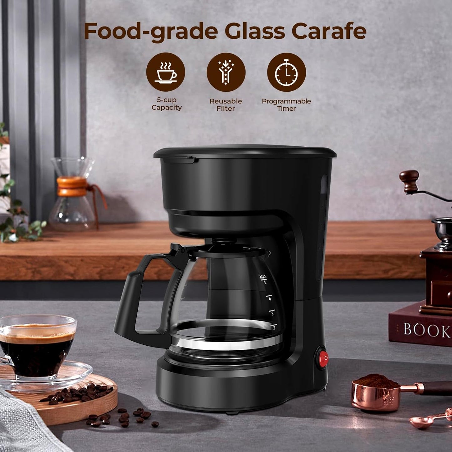 5-Cup Drip Coffee Maker, Compact Coffee Machine with Food-grade Glass Carafe, Always Keep Warm with Manual Switch, Delay Brew, 25oz Water Reservoir, Ideal for Home/Office/Travel/Outdoor - Black