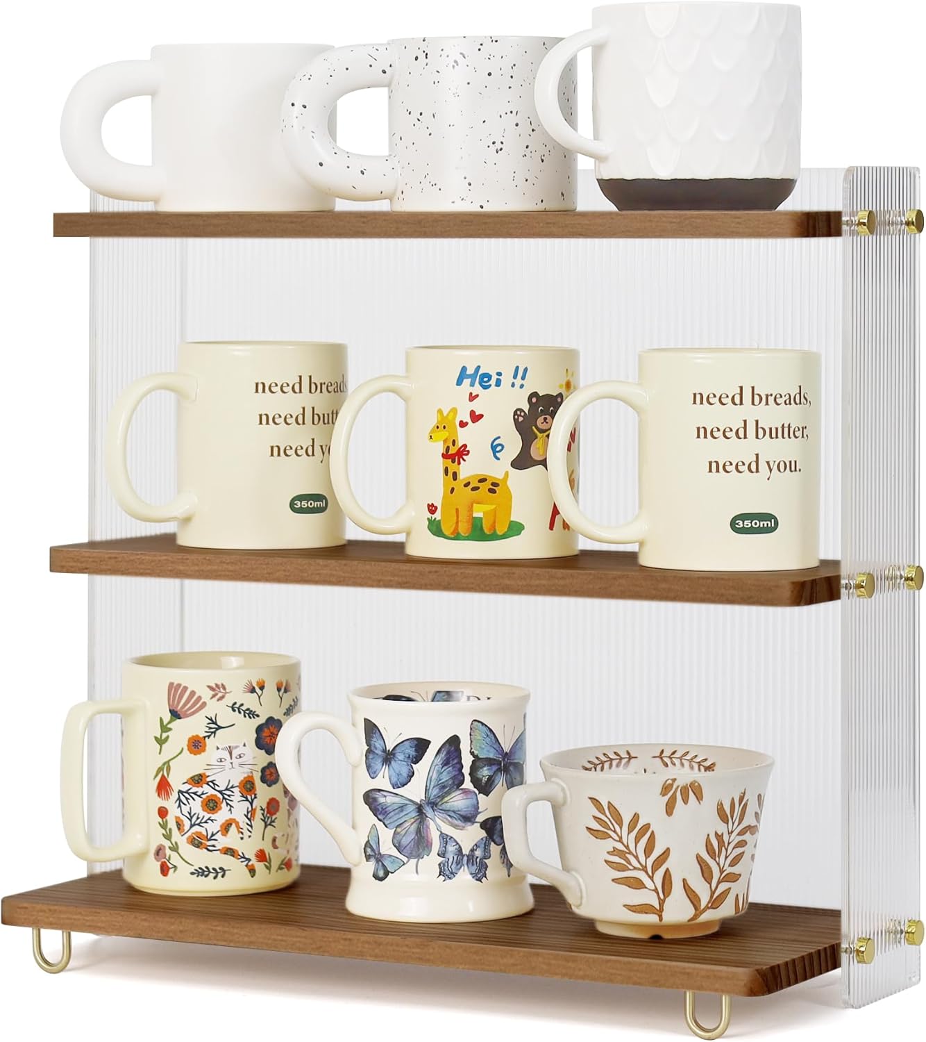 Coffee Mug Holder Wooden Cup Station Organizer 3 Tier Cup Holder for Coffee Bar Mug Display Rack for Countertop Mug Holder Shelf for Home Kitchen Walnut Wood