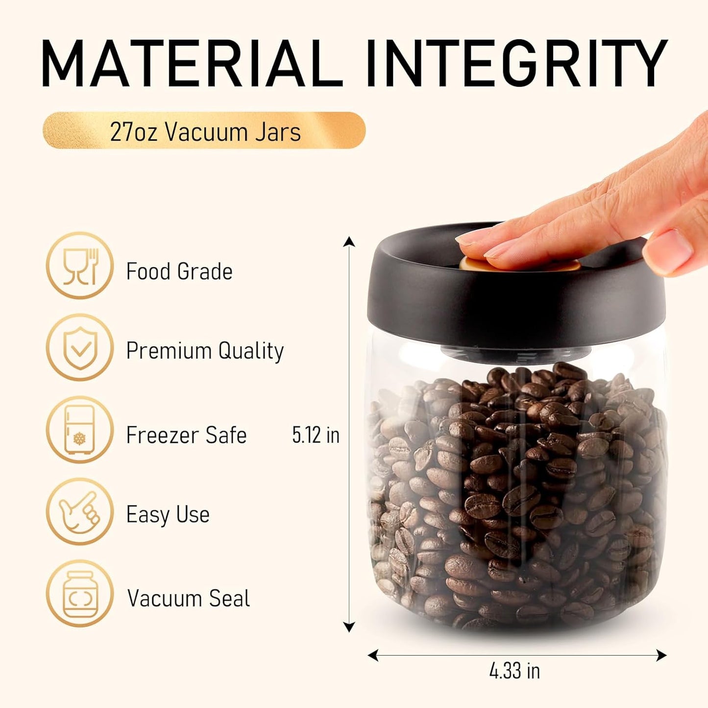 Coffee Vacuum Container Mason Jars: Food Coffee Bean Storage Containers with Lids Airtight, Plastic Wide Mouth Mason Jars Vacuum Sealer, Manual Vacuum Extraction Sealed Tank, 800ml