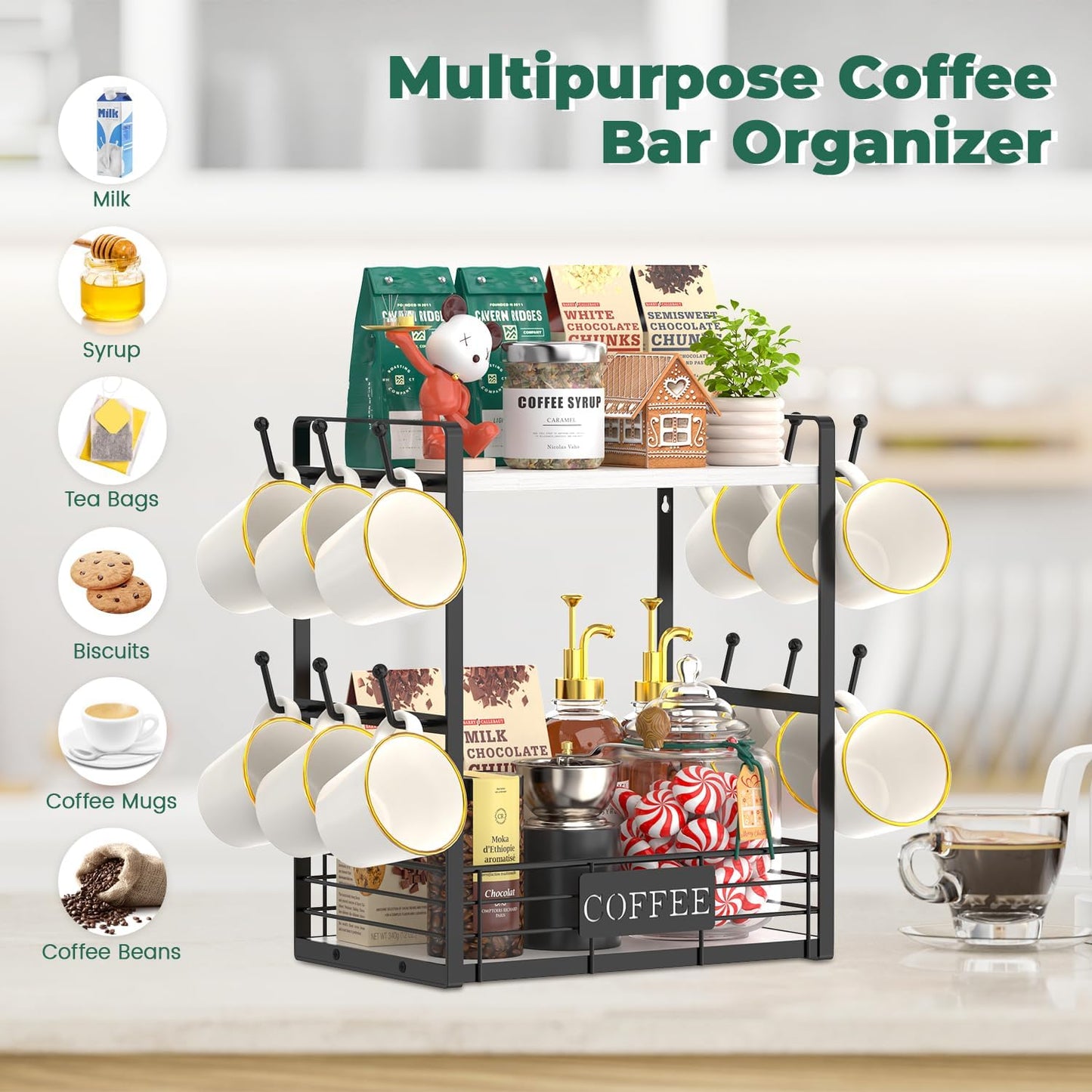 EsLuker.ly Coffee Mug Cup Holder Tree Bar Station Organizer, 2 Tier Mug Stand Rack for Countertop Kitchen, Storage Tower Display Shelf with 12 Hooks, Coffee Nook Enhancer, White-Black