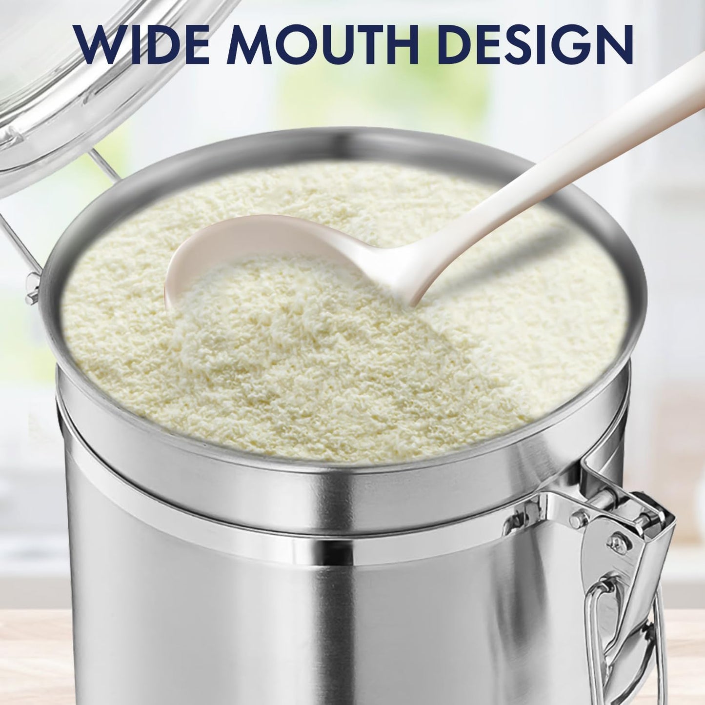 ENLOY 165oz Stainless Steel Airtight Canister for Kitchen, Large Flour Coffee Bean Tea Cereal Sugar Cookie Metal Food Storage Canisters with Clear Lid and Sturdy Locking Clamp (7.7 * 7.7 * 8.4in)