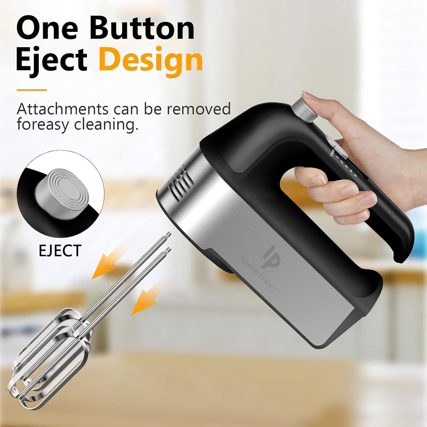 Hand Mixer Electric, 450W Kitchen Mixers with Scale Cup Storage Case, Turbo Boost/Self-Control Speed + 5 Speed + Eject Button + 5 Stainless Steel Accessories, For Easy Whipping Dough,Cream,Cake