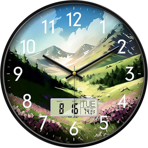 12'' Silent Non-Ticking Rustic Mountain Wildflowers Wall Clock, Battery by SCOAGE