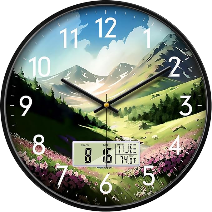 14'' Silent Non-Ticking Rustic Mountain Wildflowers Wall Clock, Battery by SCOAGE