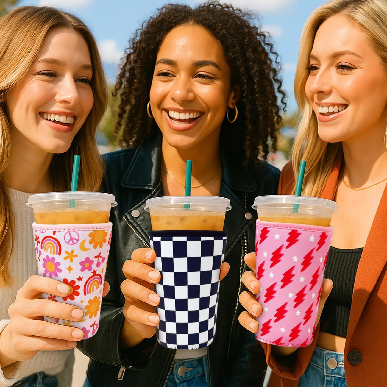 Reusable Insulated Neoprene Iced Coffee Cup Sleeve, Durable Drink Sleeve for Cold Beverages, Beverage Holder for Iced Coffee, Groovy Flower