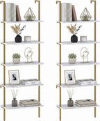 aboxoo Ladder Shelf 2PCS White Marble Bookshelf 5-Tier Wall-Mounted Wood Rack by aboxoo