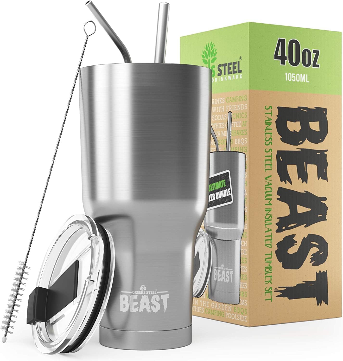 Beast 40 oz Tumbler Stainless Steel Vacuum Insulated Coffee Ice Cup Double Wall Travel Flask (Stainless Steel)
