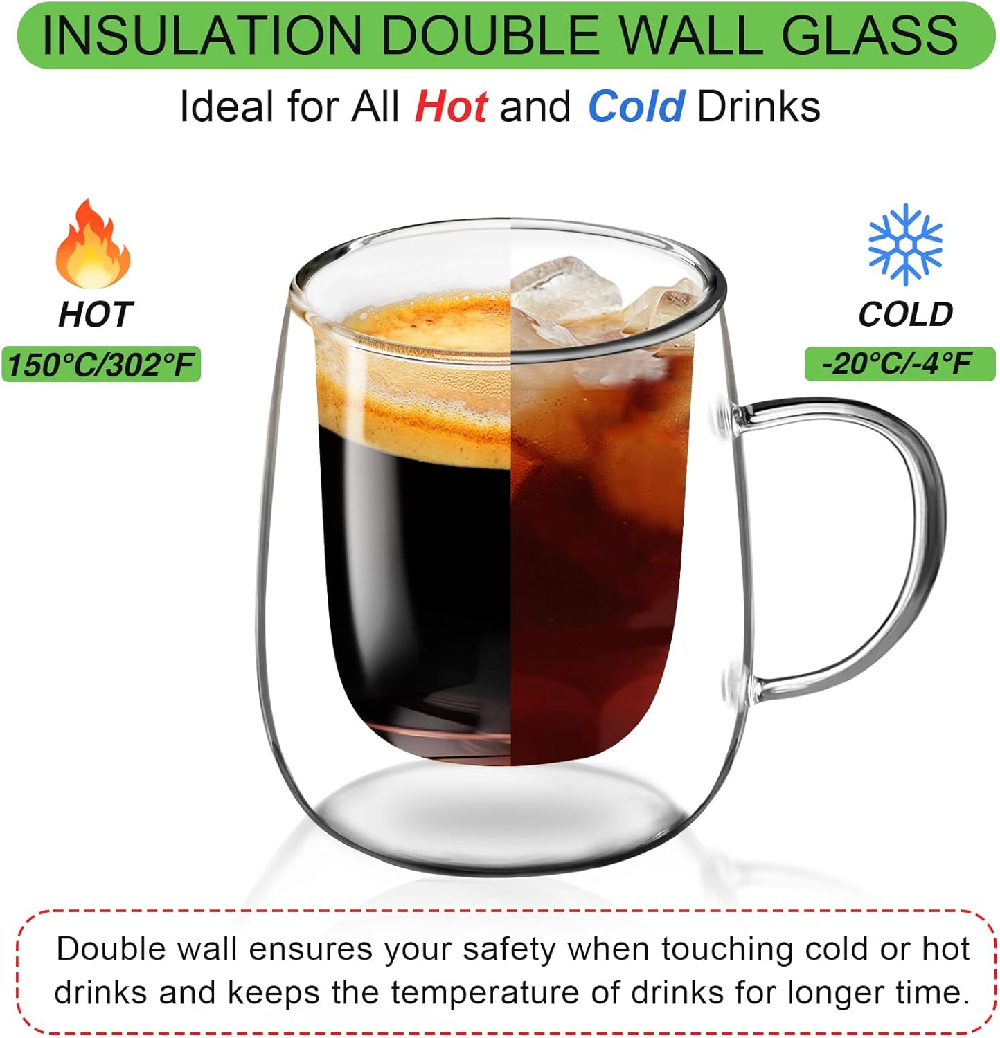 Glass Coffee Cups Set of 4, 13oz Double Walled Glass Mugs with Handles, Clear Insulated Coffee Mug Espresso Cups, Cappuccino Latte Tea Cups Set, Heat Resistant Borosilicate Clear Glasses