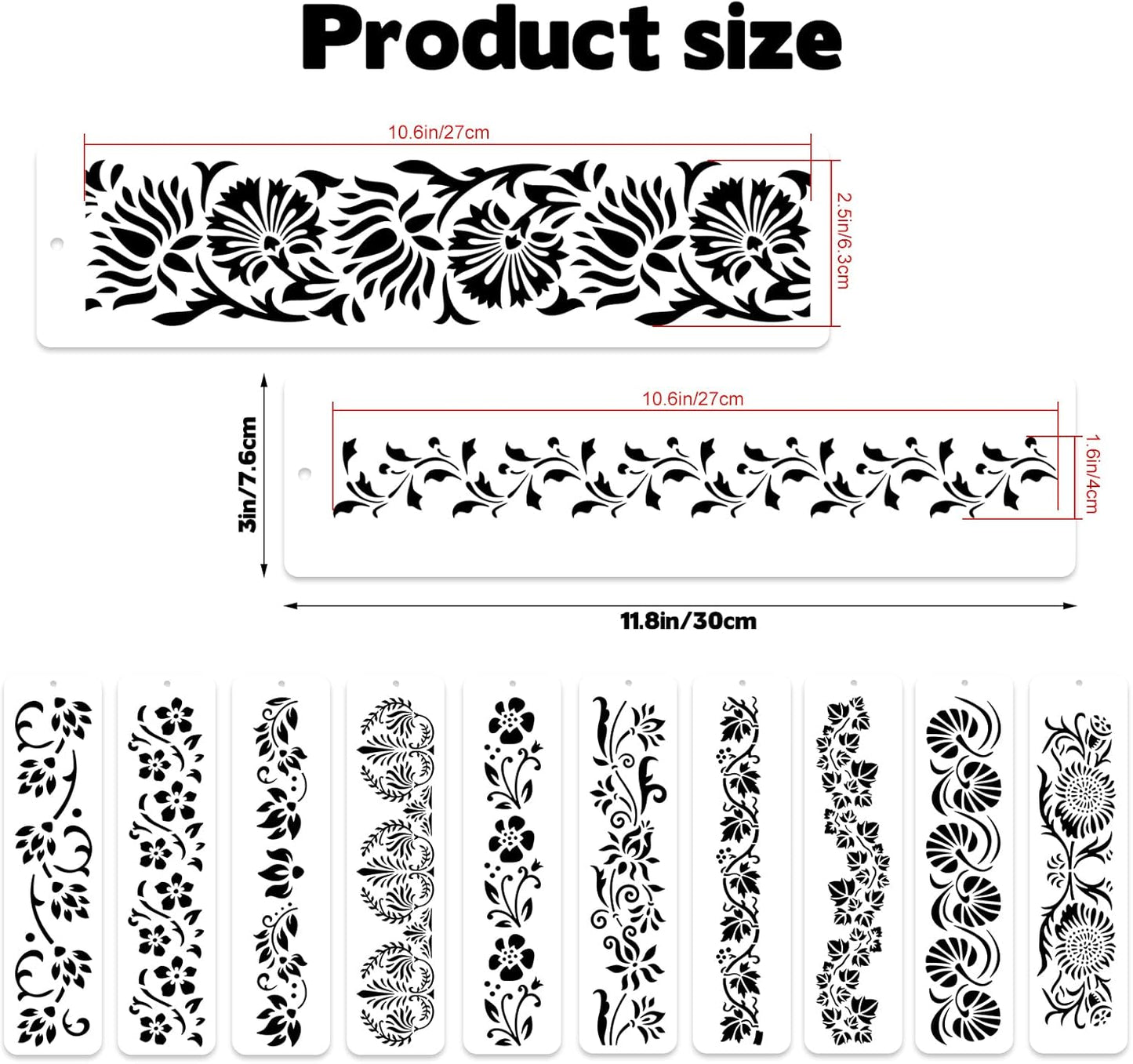 12 Pcs Large Flower Border Stencils for Painting, Reusable Plastic Floral Edge Baking Decorating Vine Stencil Tool, Painting Templates for DIY Cake Wood Wall Tile Furniture Canvas Craft, 3" x 11.8"