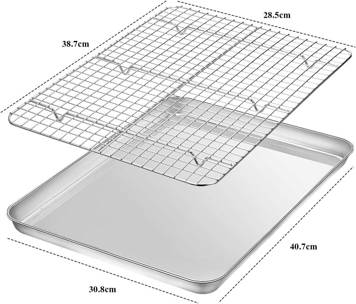 Baking Sheet with Rack Set [2 Pans + 2 Racks], Wildone Stainless Steel Cookie Sheet Baking Pan Tray with Cooling Rack, Size 16 x 12 x 1 Inch, Non Toxic & Heavy Duty & Easy Clean