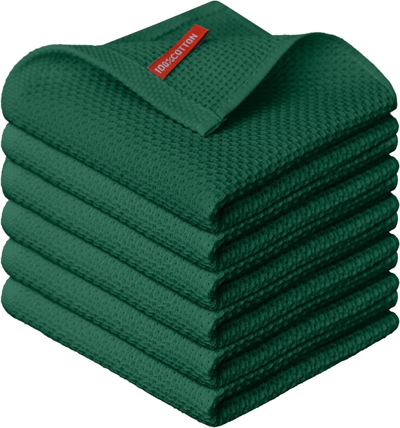 Artoid Mode 100% Cotton Dark Green Waffle Weave Kitchen Dish Cloths, 12x12 Inch Ultra Soft Absorbent Quick Drying Kitchen Dish Towels Set of 6