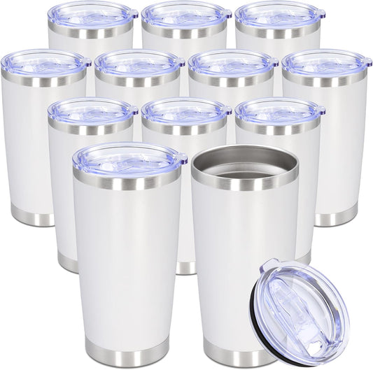 20oz Tumbler Bulk Stainless Steel Tumbler Cup with Lid Vacuum Insulated Double Wall Travel Mug, Durable Powder Coated Travel Coffee Tumbler Mug for Hot & Cold Drinks, White,12 Pack