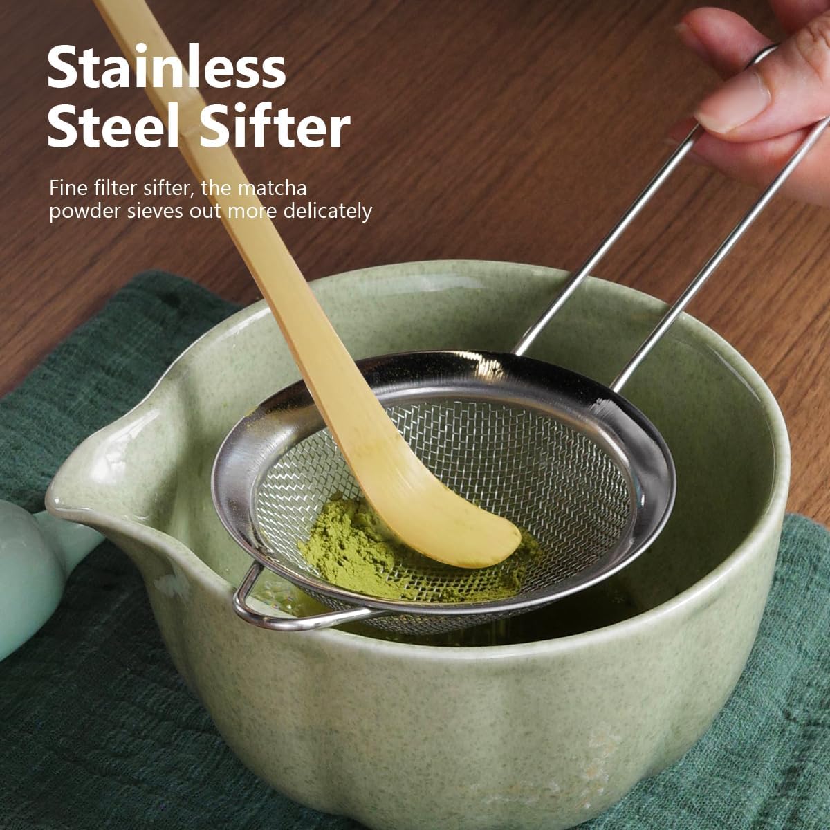 Matcha Kit, 7 Pcs Japanese Matcha Whisk Set Includes Matcha Bowl with Spout, Bamboo Whisk, Chasen Holder, Stainless Sifter, Scoop and Rest, Tea Towel, Matcha Tea Set Gift for Family/Friend