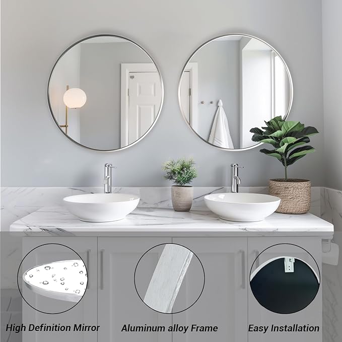 Sunniry Silver Round Mirror 30 inch, Round Bathroom Mirror, Circle Wall Mirrors - Image 2