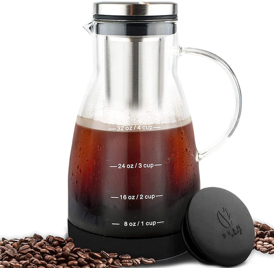 Bean Envy Cold Brew Coffee Maker - 32 oz Glass Coffee Cold Brew Maker and Pitcher w/Silicone Cap & Base