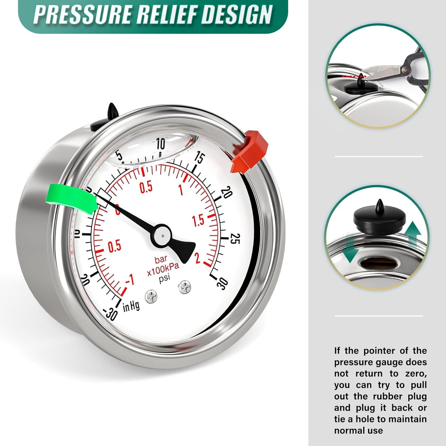 -30inHG-30PSI Stainless Steel Liquid Filled Pressure Gauge, 2.5" Dial Size, 1/8" NPT Back Mount, for Tube, Water Pump, Gas, Liquid, Pressure Test (with Range Mark Pointer)