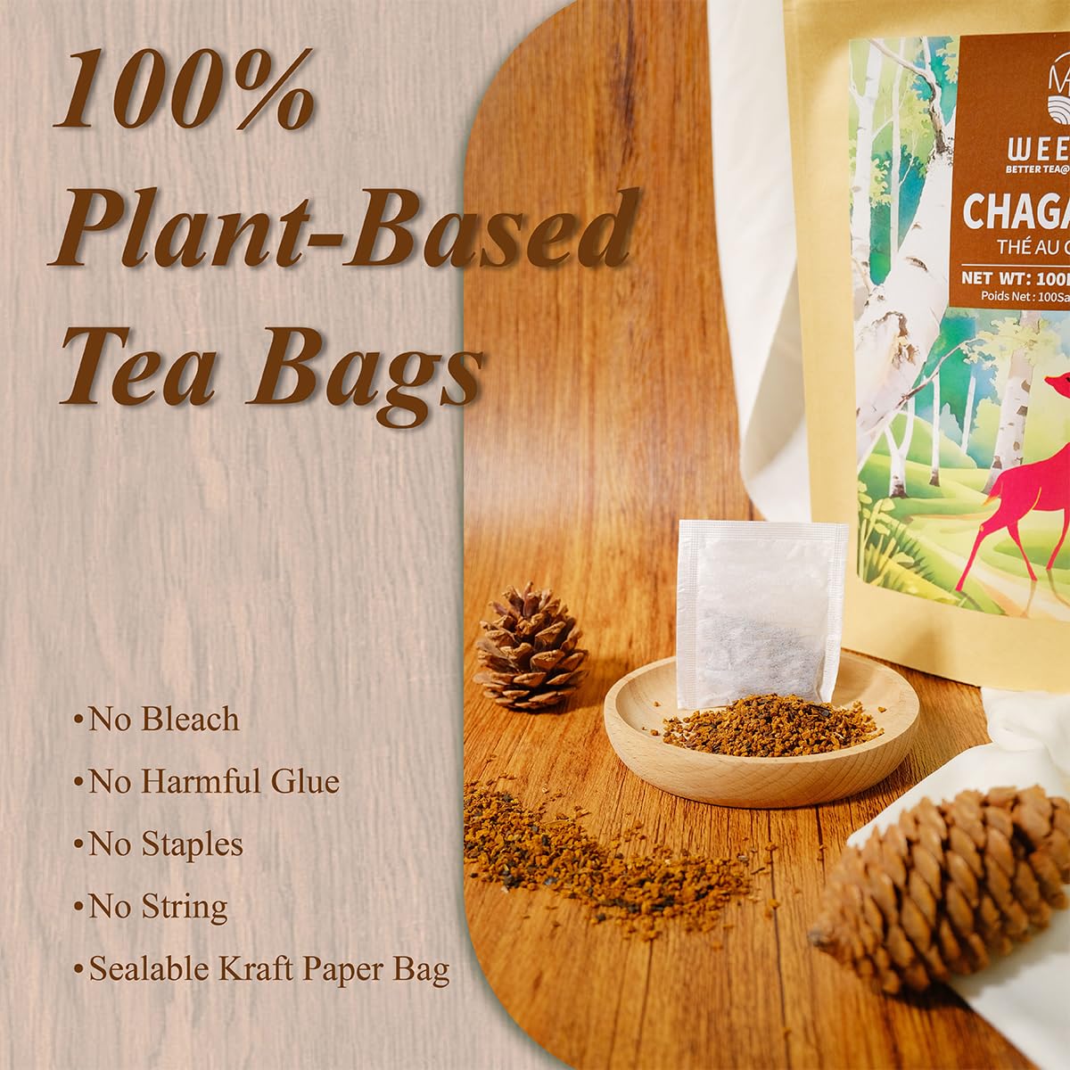 WT WEETEE Chaga Tea Bags 100 Count, 100% Siberian Birch Chaga Mushroom Tea, Caffeine-Free - Rich in Antioxidants