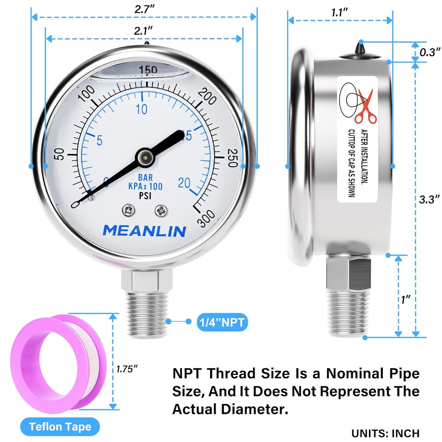 MEANLIN MEASURE 0~300Psi Liquid Filled Pressure Gauge Stainless Steel with 316 Stainless Steel Joint 1/4" NPT 2.5" FACE DIAL for Air Compressor Air Regulator Water Filter Center Lower Mount