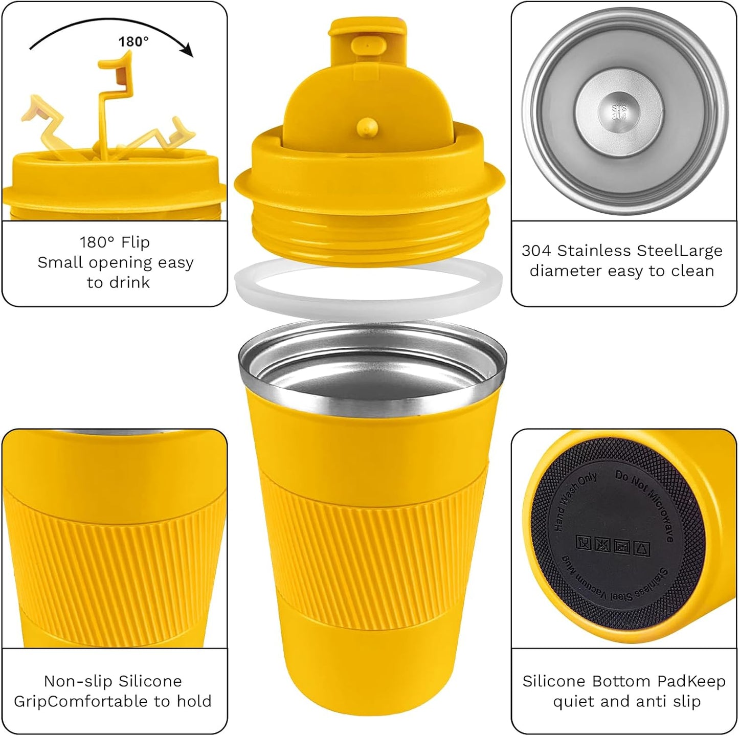 YINBAOGE Insulated Travel Coffee Mug, Spill & Leak Proof, Portable To Go Camping Stainless Steel Coffee Tumbler, Reusable Thermal Coffee Cup with Lid for Hot & Cold Drinks (Yellow, 12 OZ)