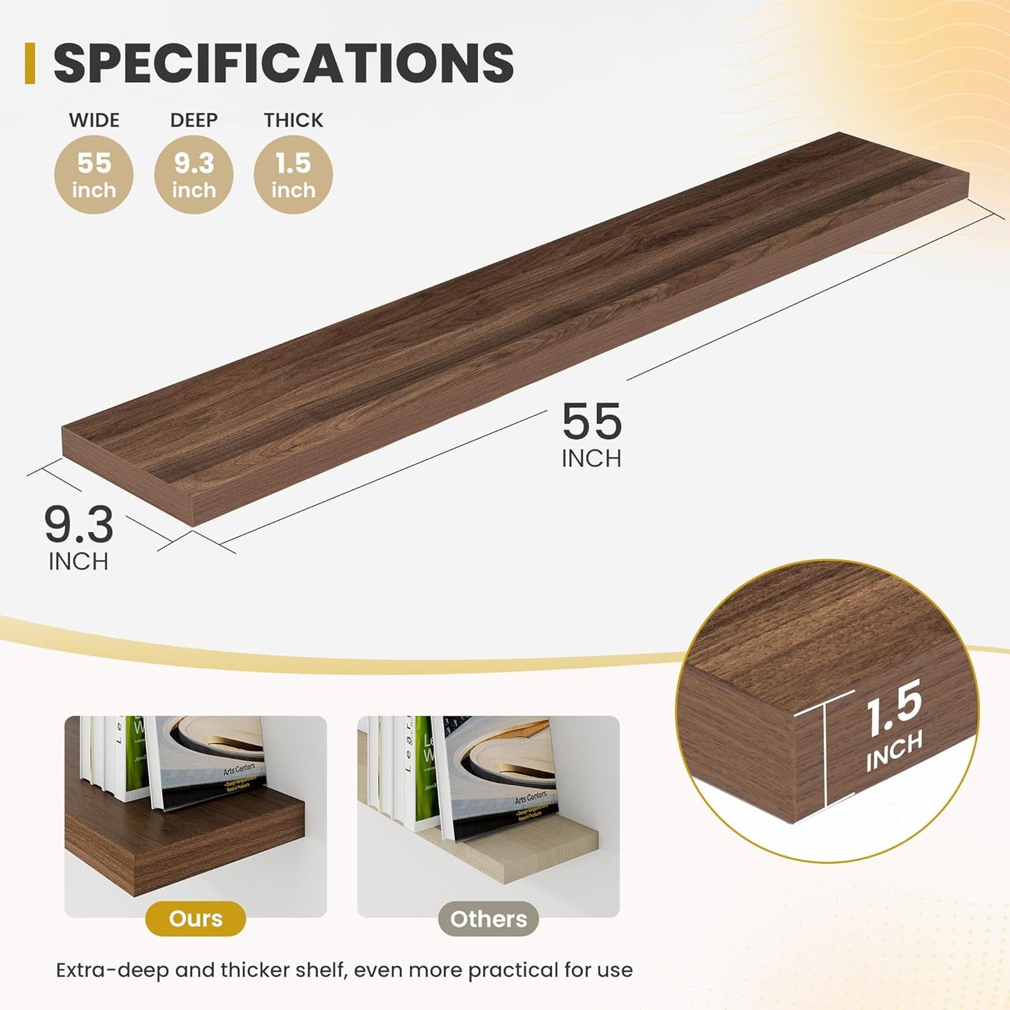 55 Inch Floating Shelves, 9.3" Deep Floating Shelf Wall Mounted, 56" Wall Shelves, Rustic Deep Bookshelf, Large Display Shelves & Storage Shelves for Bedroom, Living Room, Walnut, Set of 1