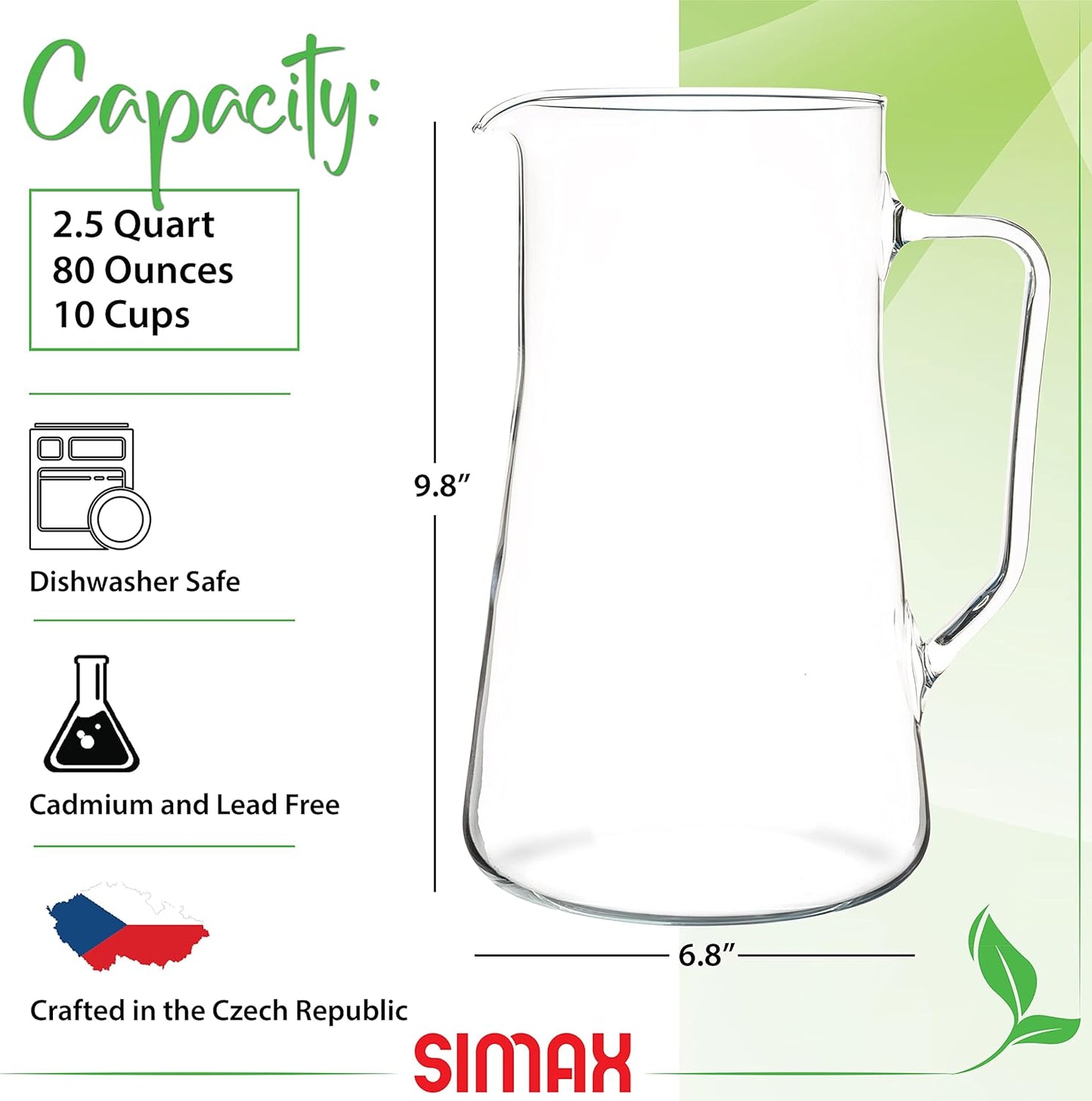 Simax Large Glass Pitcher With Spout, 2.5 Quart (80 Ounce) Borosilicate Glass Iced Tea Pitchers with Handle, Angled Cylinder Design, Glass Water Pitcher,