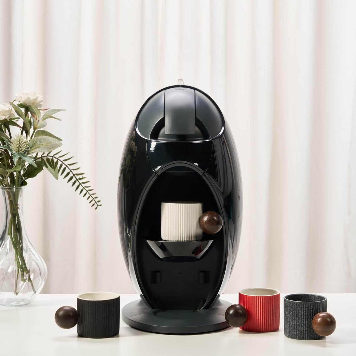 Ceramic Mini Espresso Cups Demitasse Cups with Round Wooden Handle Vertical Stripes Tea Cups (Black/White, 2pcs)