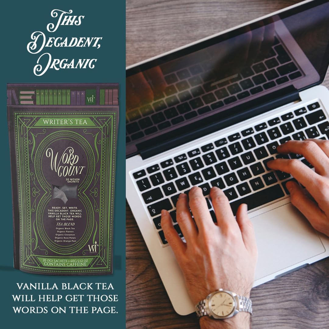 Writer's Tea Word Count - Energy Tea - Black Tea, Flavoring, Cinnamon, Rose Petals, and Orange Peel Tea Blend - Contains Caffeine - 20 Woven Sachets