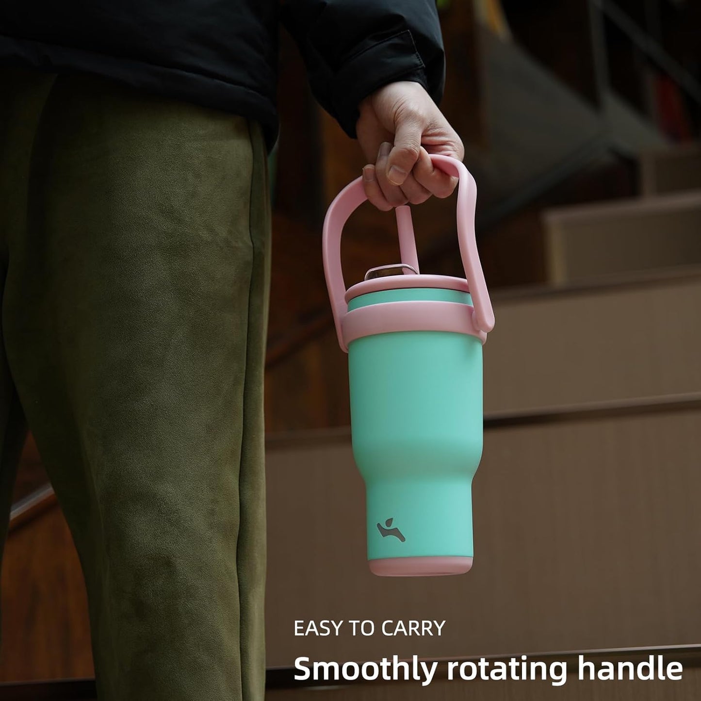 40 oz Tumbler with Side Handle, Insulated Water Bottle with Straw and 2 in 1 Lid, Stainless Steel Cup Travel Coffee Mug for Sports Office Gym,Lime