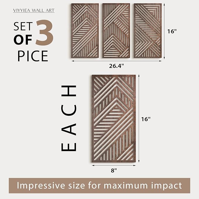 VIYYIEA Boho Solid Wood Carved Wall Art Set of 3, Geometric Minimalist Wooden - Image 2