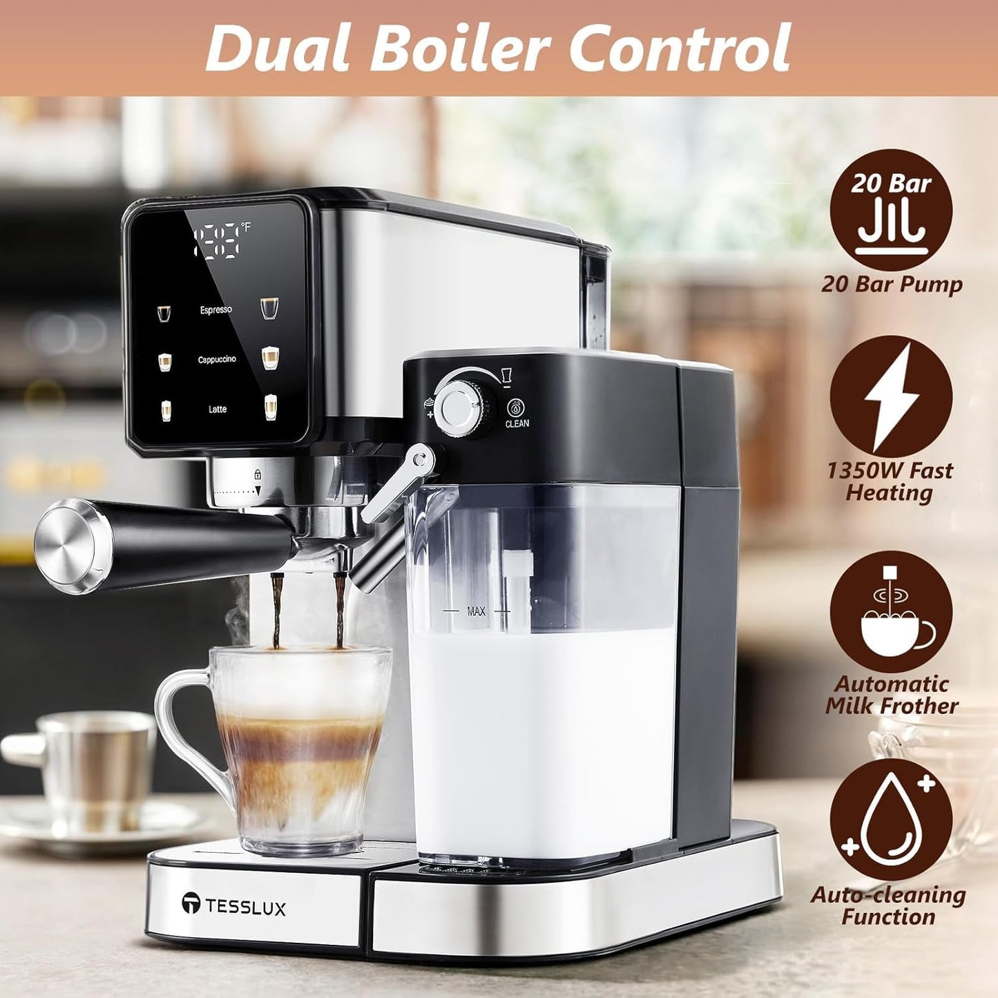 Espresso and Cappuccino Machine, 20 Bar Dual Boiler Latte Maker with Touch Control & Digital Temperature Display, Compact Coffee Machine for Home, Automatic Milk Frother