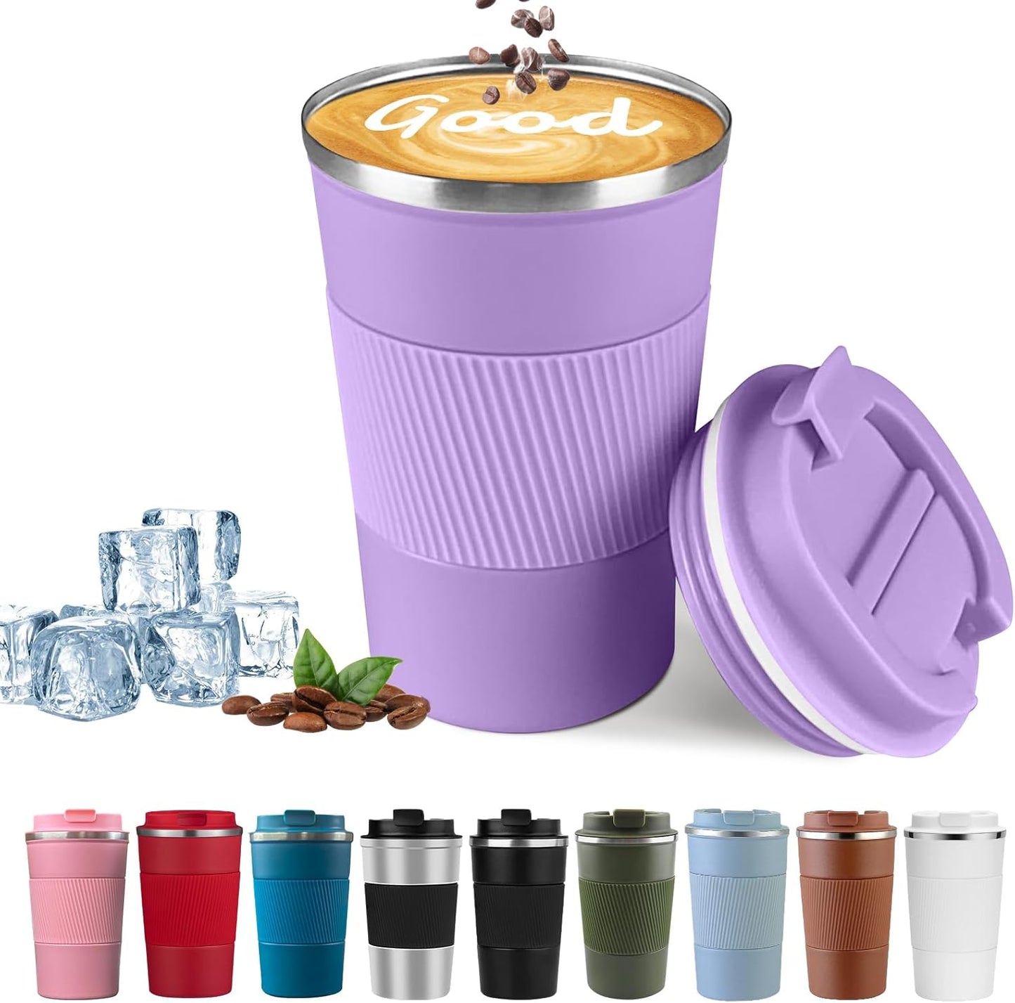 YINBAOGE Insulated Travel Coffee Mug Spill Proof Leak Proof Pobtable To Go Camping Stainless Steel Coffee Tumbler Reusable Coffee Cups with Lids Thermos for Hot and Cold Drink (Purple, 12 OZ)