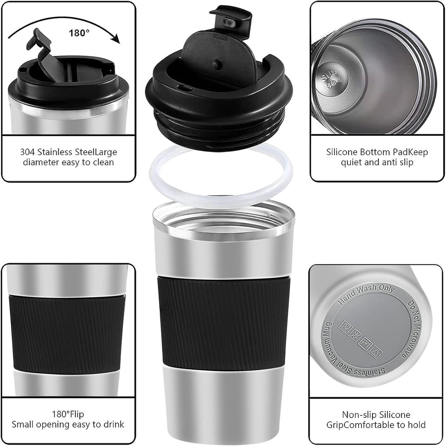 YINBAOGE Insulated Travel Coffee Mug Spill Proof Leak Proof Pobtable To Go Camping Stainless Steel Coffee Tumbler Reusable Coffee Cups with Lids Thermos for Hot and Cold Drink (Silver black, 12 OZ)
