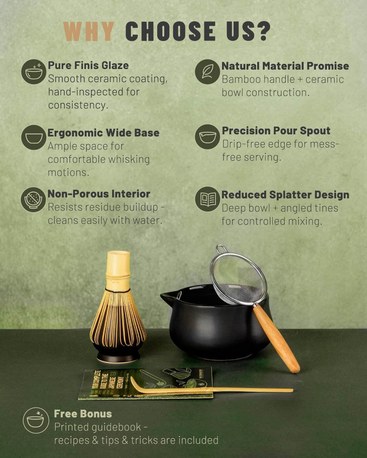 Nucookery Matcha Set - 5PCS Matcha Whisk Set, 18OZ Matcha Bowl (Chawan) with Spout, Matcha Whisk (Chasen) and Holder, Bamboo Matcha Scoop and Sifter, Matcha Kit/Tools/Accessories for Tea Ceremony